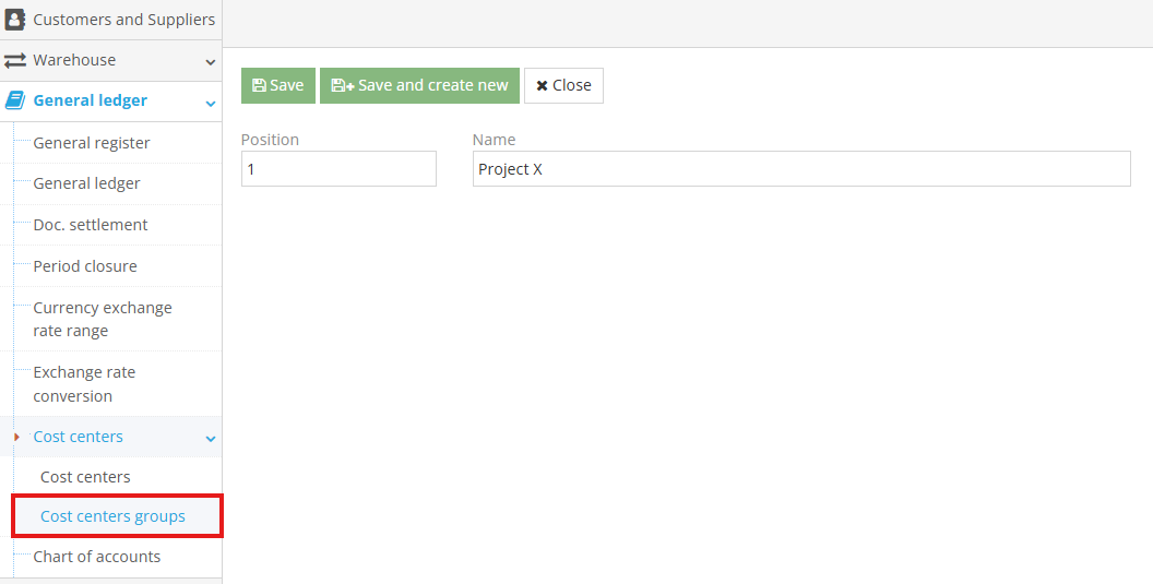 Cost Center Group creation screen in accounting module